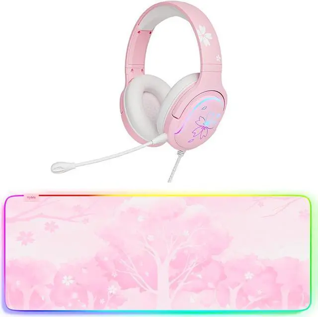Main image of Pink RGB LED Gaming Extra Large Mouse Pad 14 Modes Glow Pad Sakura Gaming Headset 360° Rotation Mic RGB Gradient Light Effect