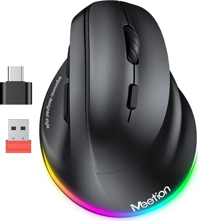 Main image of MEETION Ergonomic Mouse, Wireless Vertical Mouse RGB Backlit Rechargeable Mice for Bluetooth(5.2 + 3.0) & USB-A with USB-C Adapter 4 Adjustable DPI for Mac/Windows/Andriod/PC/Tablet/iPad Black