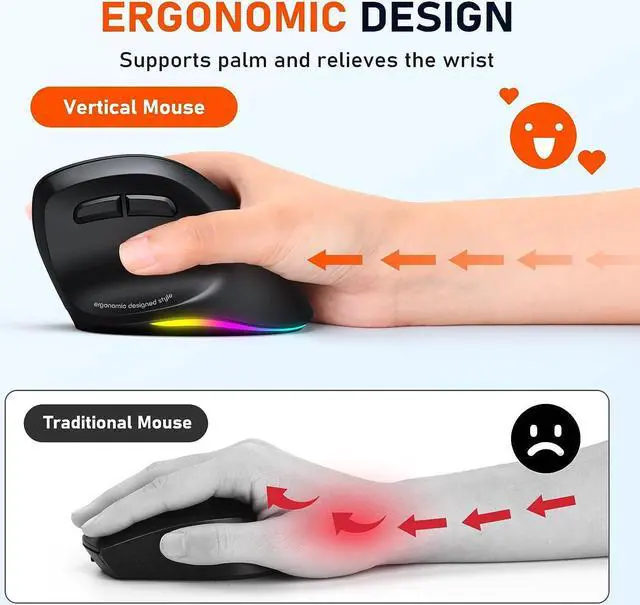 Alt view image 2 of 7 - MEETION Ergonomic Mouse, Wireless Vertical Mouse RGB Backlit Rechargeable Mice for Bluetooth(5.2 + 3.0) & USB-A with USB-C Adapter 4 Adjustable DPI for Mac/Windows/Andriod/PC/Tablet/iPad Black
