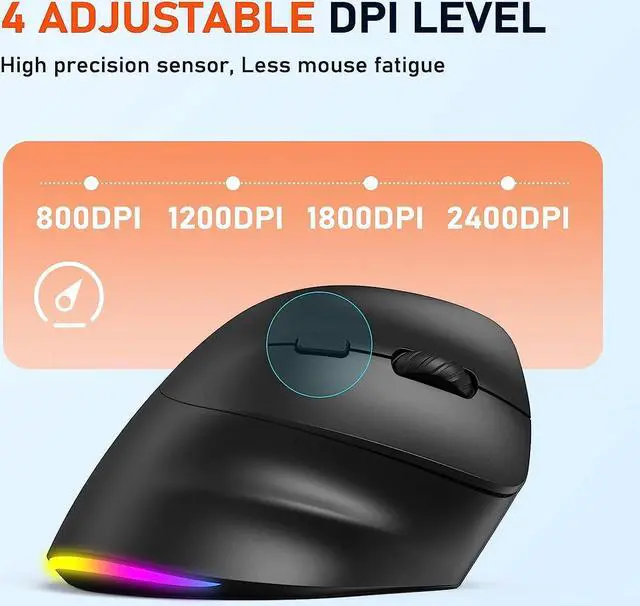 Alt view image 4 of 7 - MEETION Ergonomic Mouse, Wireless Vertical Mouse RGB Backlit Rechargeable Mice for Bluetooth(5.2 + 3.0) & USB-A with USB-C Adapter 4 Adjustable DPI for Mac/Windows/Andriod/PC/Tablet/iPad Black