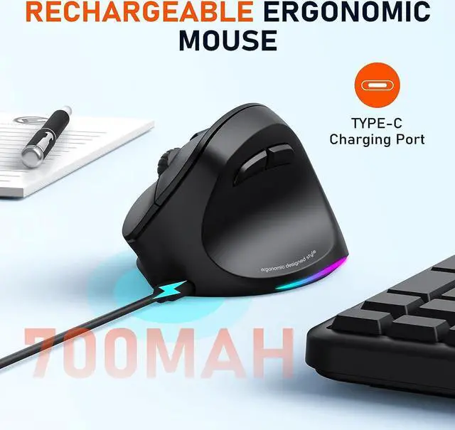 Alt view image 6 of 7 - MEETION Ergonomic Mouse, Wireless Vertical Mouse RGB Backlit Rechargeable Mice for Bluetooth(5.2 + 3.0) & USB-A with USB-C Adapter 4 Adjustable DPI for Mac/Windows/Andriod/PC/Tablet/iPad Black