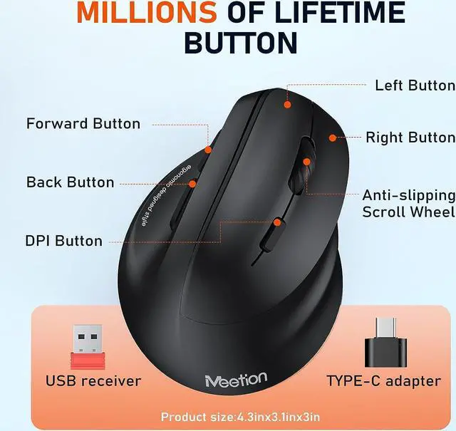 Alt view image 7 of 7 - MEETION Ergonomic Mouse, Wireless Vertical Mouse RGB Backlit Rechargeable Mice for Bluetooth(5.2 + 3.0) & USB-A with USB-C Adapter 4 Adjustable DPI for Mac/Windows/Andriod/PC/Tablet/iPad Black