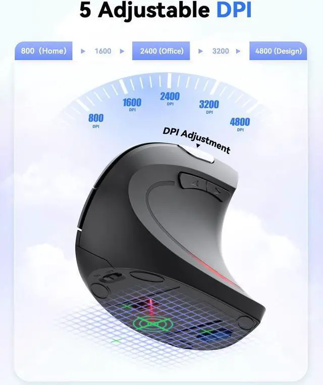 Alt view image 3 of 7 - TECKNET Ergonomic Mouse, 4800 DPI Wireless Vertical Mouse with 5 Adjustable DPI Levels, 2.4GHz Optical Carpal Tunnel Mouse, 6 Buttons Wireless Mouse for Laptop, Desktop, PC, MacBook - Black