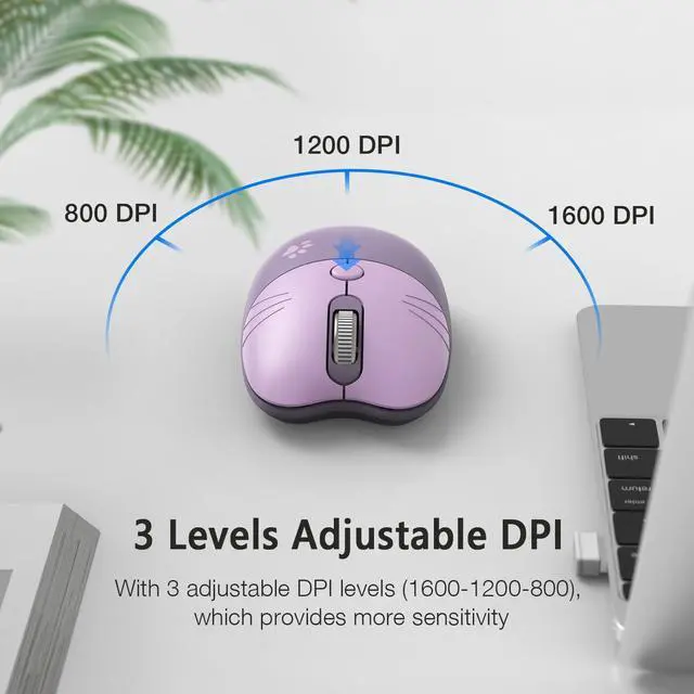 Alt view image 4 of 7 - Cute Cat Wireless Mouse, 2.4GHz Wireless Silent Mouse, USB Receiver Plug and Play, 3 Adjustable DPI, Compatible with Notebook, PC, Laptop, Computer- Purple Colorful