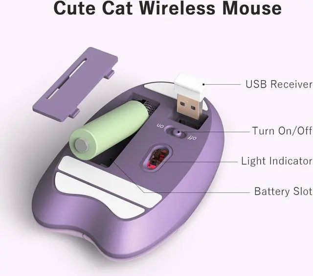 Alt view image 6 of 7 - Cute Cat Wireless Mouse, 2.4GHz Wireless Silent Mouse, USB Receiver Plug and Play, 3 Adjustable DPI, Compatible with Notebook, PC, Laptop, Computer- Purple Colorful