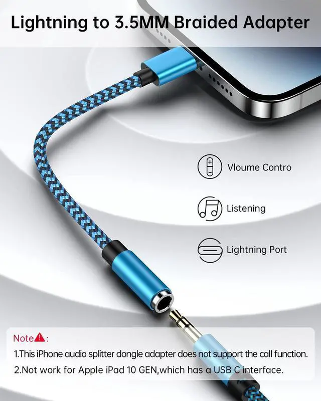 Alt view image 3 of 7 - iPhone Headphone Adapter 2Pack  Dongle Lightning to 3.5mm Jack Converter Braided Audio Aux Cord Earbuds Splitter Adaptor Compatible with iPhone 14 13 12 11 Pro Max X XR XS SE 8 7 Plus iPad iPod