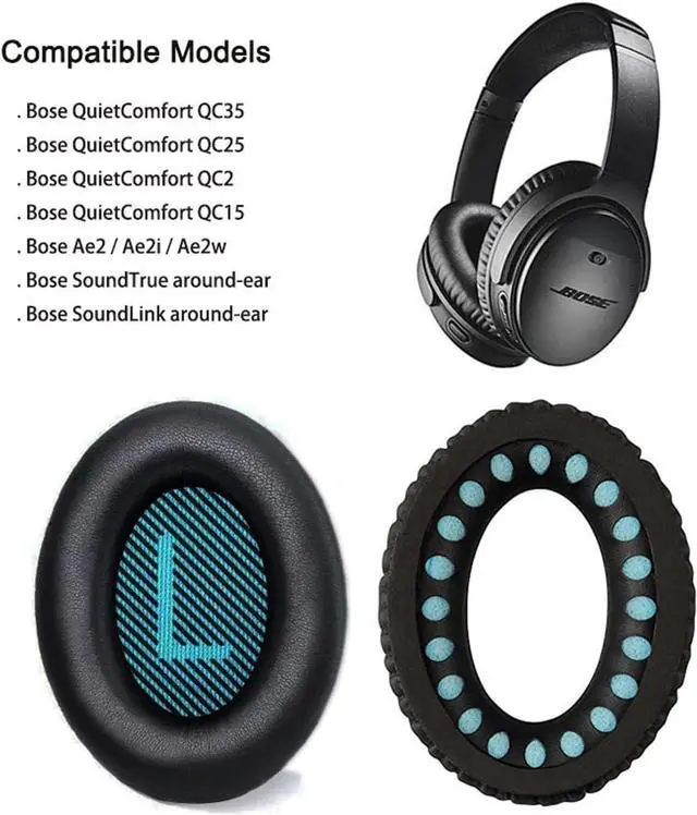 Alt view image 3 of 7 - Headphones Replacement Ear Pads for QuietComfort QC35/35ii/25/2/15 Ear Cushions for QC35 QC35ii QC25 QC2 QC15 Ae2 Ae2i Ae2w Sound True & SoundLink (Around-Ear Series Only) Protein Leather