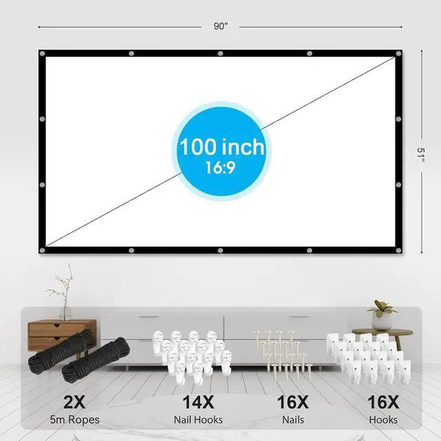 Alt view image 7 of 7 - 100 inch Projection Screens Double Sided Washable Outdoor Projection Screen 16:9 Foldable Anti-Crease Portable Projector Movies Screens for Camping Party Home Theater Office