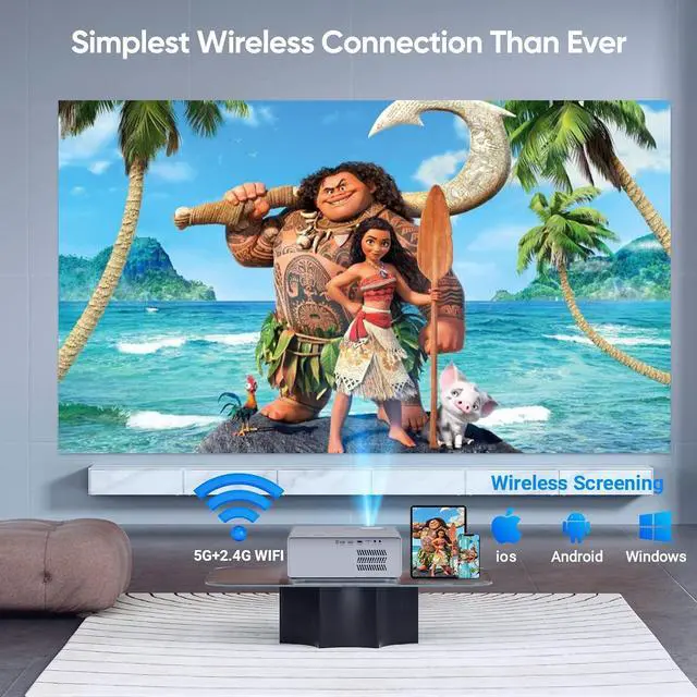 Alt view image 3 of 7 - 5G WiFi Bluetooth Projector with Screen 450 ANSI Real Native 1080P 4K Outdoor Projector for Theater Movies Synchronize Smartphone Compatible W/TV Stick/HDMI/PS4 [120 Screen Included]
