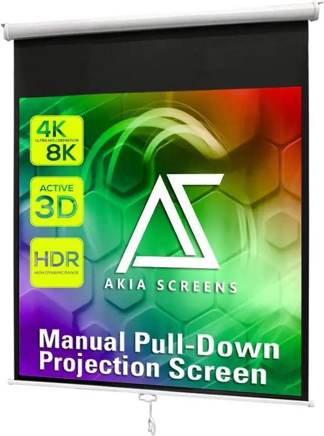 Main image of Akia Screens 125" Manual Pull Down Projector Screen, 1:1 Retractable Projection Screen, Auto Lock Ceiling & Wall Mount, 8K 4K HD Ready, White Case, AK-M125S1.