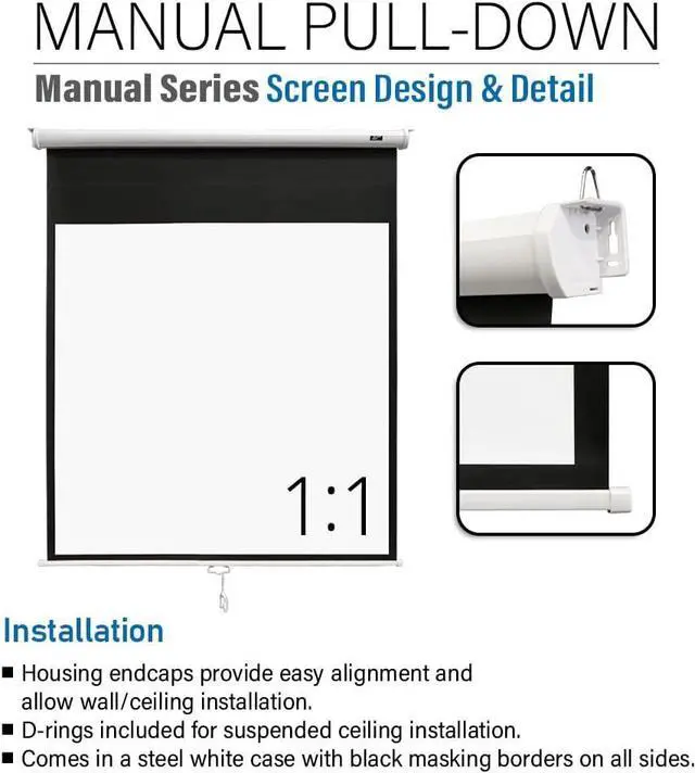 Alt view image 5 of 7 - Akia Screens 125" Manual Pull Down Projector Screen, 1:1 Retractable Projection Screen, Auto Lock Ceiling & Wall Mount, 8K 4K HD Ready, White Case, AK-M125S1.