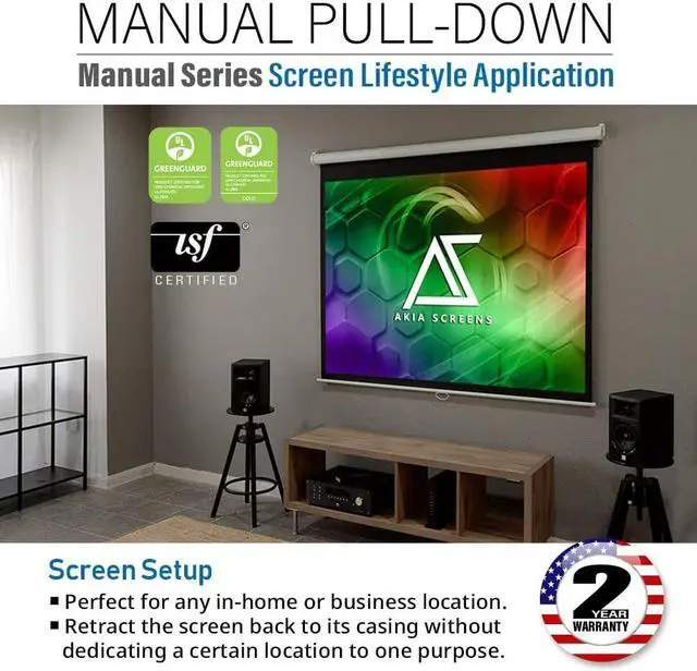 Alt view image 7 of 7 - Akia Screens 125" Manual Pull Down Projector Screen, 1:1 Retractable Projection Screen, Auto Lock Ceiling & Wall Mount, 8K 4K HD Ready, White Case, AK-M125S1.