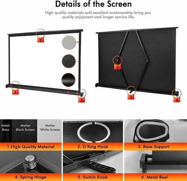 Alt view image 3 of 7 - 40" Inch Portable Projection Screen16:9 Small Retractable Floor Standing Mobile Tabletop Screen with Stand Lightweight Carry & Durable for Schools Meeting Indoor Outdoor