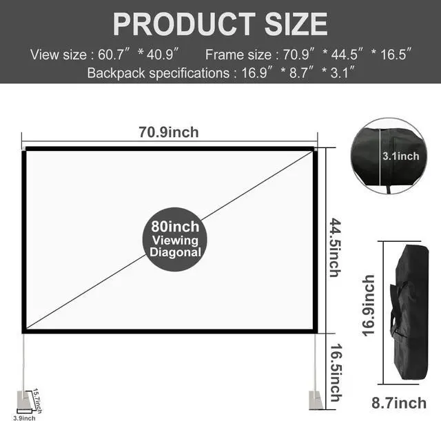 Alt view image 2 of 7 - Projector Screen with Stand 80 inch Portable Projection Screen 16:9 4K HD Projections Movies Screen with Carry Bag for Indoor Outdoor Home Theater Backyard Cinema Travel