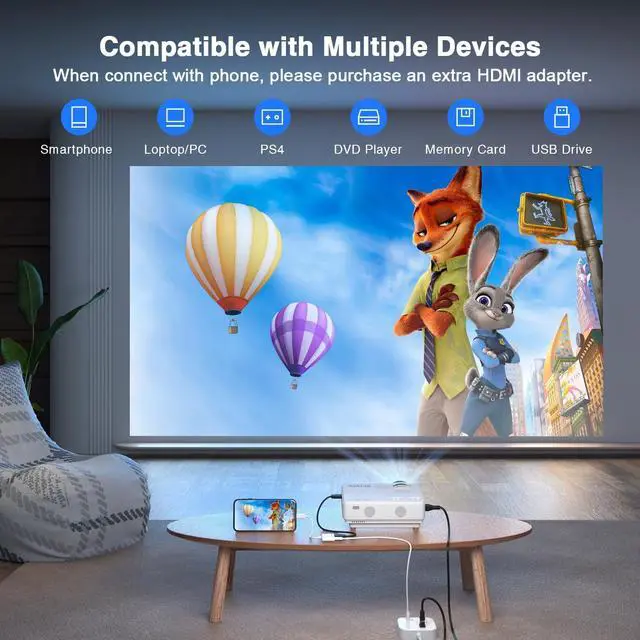 Alt view image 5 of 7 - Upgraded Mini Projector, Full HD 1080P Home Theater Video Projector, Compatible with HDMI/USB/AV/Smartphone/TV Box/Laptop