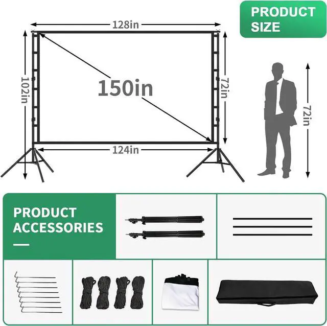 Alt view image 2 of 7 - Projector Screen 150 Inch Projector Screen and Stand Portable Indoor Outdoor Projector Screen 4K HD Wrinkle-Free Movie Screen Projector Screen with Stand for Family Home Theater