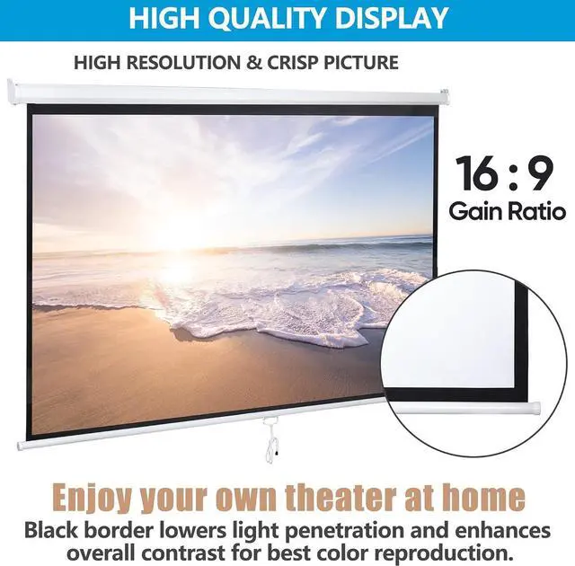 Alt view image 3 of 7 - 100 16:9 HD Manual Projector Screen with Auto Lock Anti-Crease Home Theater Office Wall Mounted Ceiling Pull Down Projection 1.1 Gain Matte White