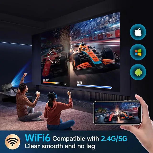 Alt view image 4 of 7 - [180Adjustable Stand]Smart Mini Projector with WiFi and Bluetooth Full HD 1080P Auto Keystone 4K Video Portable Ceiling Projector Wifi 6 Android 11.0 (Black)