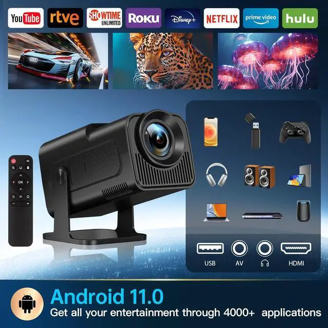 Alt view image 7 of 7 - [180Adjustable Stand]Smart Mini Projector with WiFi and Bluetooth Full HD 1080P Auto Keystone 4K Video Portable Ceiling Projector Wifi 6 Android 11.0 (Black)