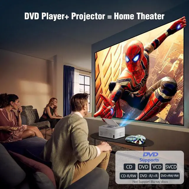 Alt view image 2 of 7 - Bluetooth Projector with DVD Player Built in, 1080P Mini Projector, Portable DVD Projector for Outdoor Movies, Compatible with Smartphone/PC/TV Stick/HDMI/USB/TF