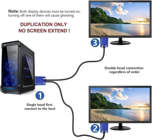 Alt view image 2 of 7 - PASOW VGA Splitter Cable Dual Monitor Y Adapter Video Cord 1 Male to 2 Male Screen Duplication Support 1080P Full HD for projectors, HDTVs, Monitors (6ft)