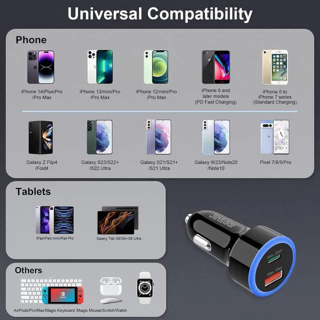 Alt view image 7 of 7 - USB C Car Charger, 48W Type C Car Phone Charger Adapter Cigarette Lighter Super Fast Charging PD 3.0 QC Dual Port Cargador for iPhone 15/14/13, Samsung Galaxy S23/S22, Google Pixel 8/7