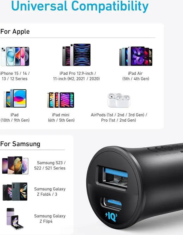 Alt view image 5 of 7 - USB-C Car Charger Cigarette Lighter USB Charger iPhone 16 Car Charger 30W 2-Port Type-C Car Adapter PowerIQ 3.0 for iPhone 16/15/14/13/12  Galaxy S23 iPad AirPods and More