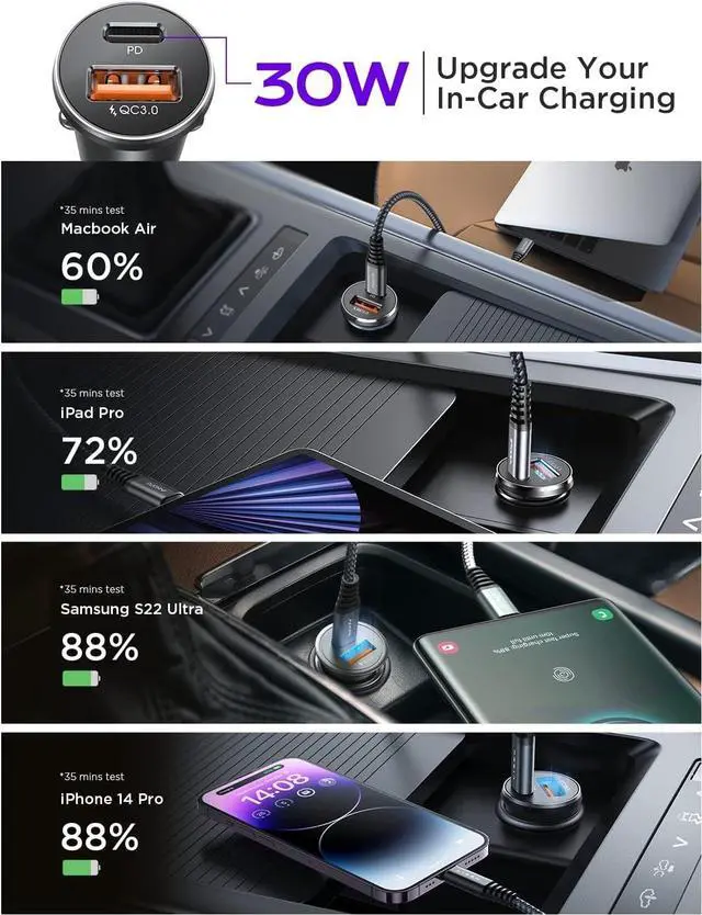 Alt view image 7 of 7 - 48W USB C Car Charger Adapter [2 Pack] [Mini & Metal] Cigarette Lighter USB Charger Fast Charging [PD QC 3.0] USBC Car Phone Charger for iPhone 15 Pro Max Plus 14  Galaxy S24 iPad Pro