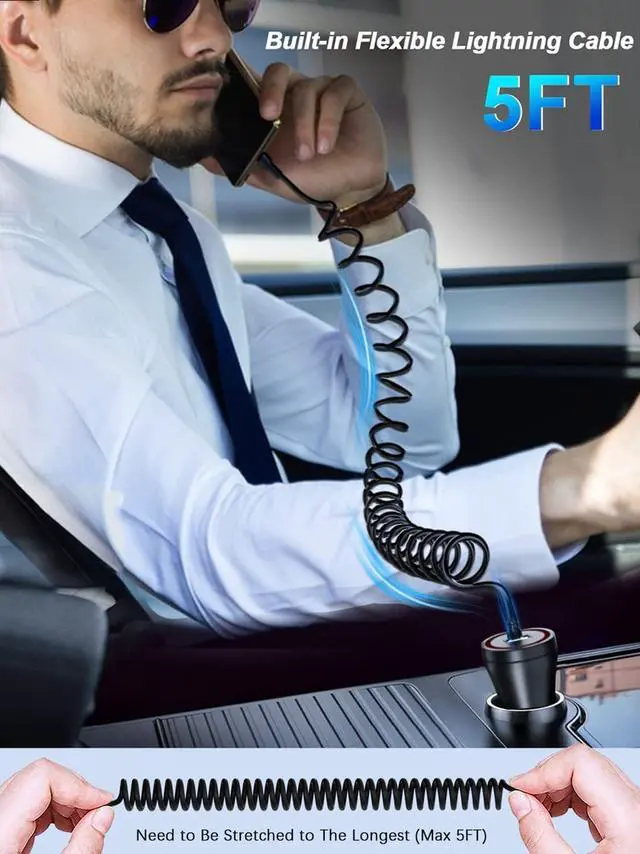 Alt view image 2 of 6 - iPhone Car Charger 48W Super Fast Car Phone Charger Cigarette Lighter USB Car Adapter with Build-in 5FT Coiled Lightning Cable Compatible with  iPhone 14/13/12/11/XR/Max iPad