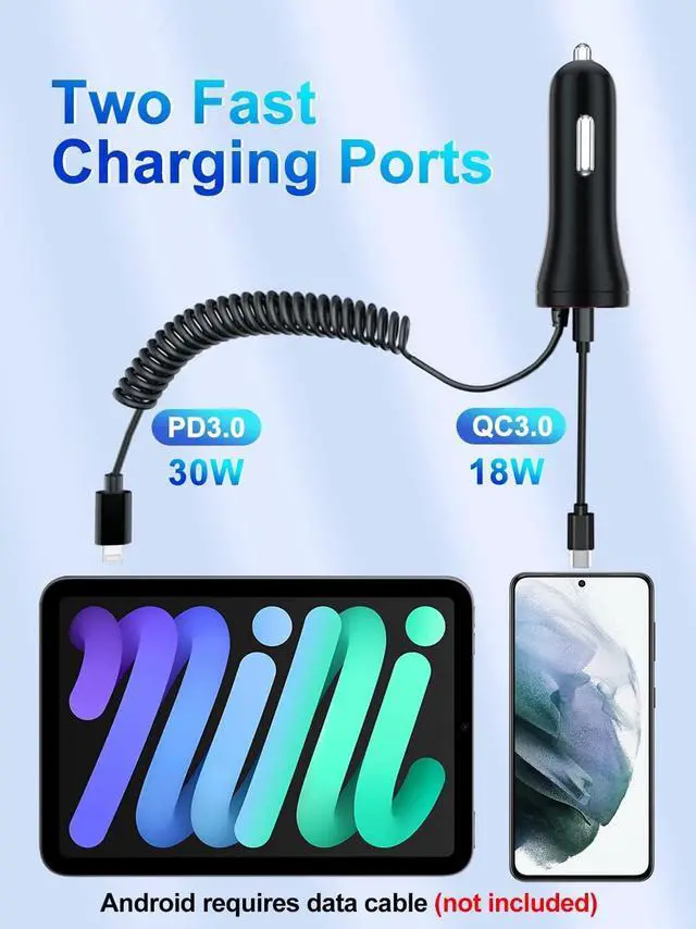 Alt view image 4 of 6 - iPhone Car Charger 48W Super Fast Car Phone Charger Cigarette Lighter USB Car Adapter with Build-in 5FT Coiled Lightning Cable Compatible with  iPhone 14/13/12/11/XR/Max iPad