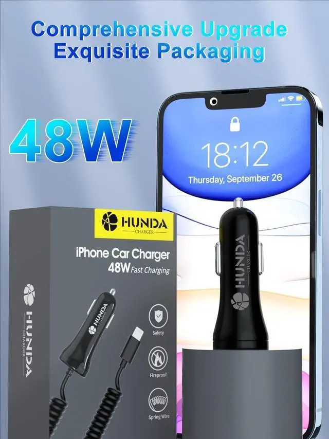 Alt view image 6 of 6 - iPhone Car Charger 48W Super Fast Car Phone Charger Cigarette Lighter USB Car Adapter with Build-in 5FT Coiled Lightning Cable Compatible with  iPhone 14/13/12/11/XR/Max iPad