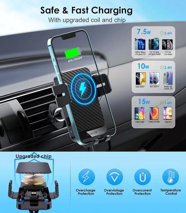 Alt view image 2 of 7 - Wireless Car Charger 15W Fast Charging Auto-Clamping Car Charger Phone Mount Air Vent Cell Phone Holder Compatible iPhone 16/15/14/13/13 Pro/12 pro/12/11  Galaxy S23/S22/S21/S20 etc