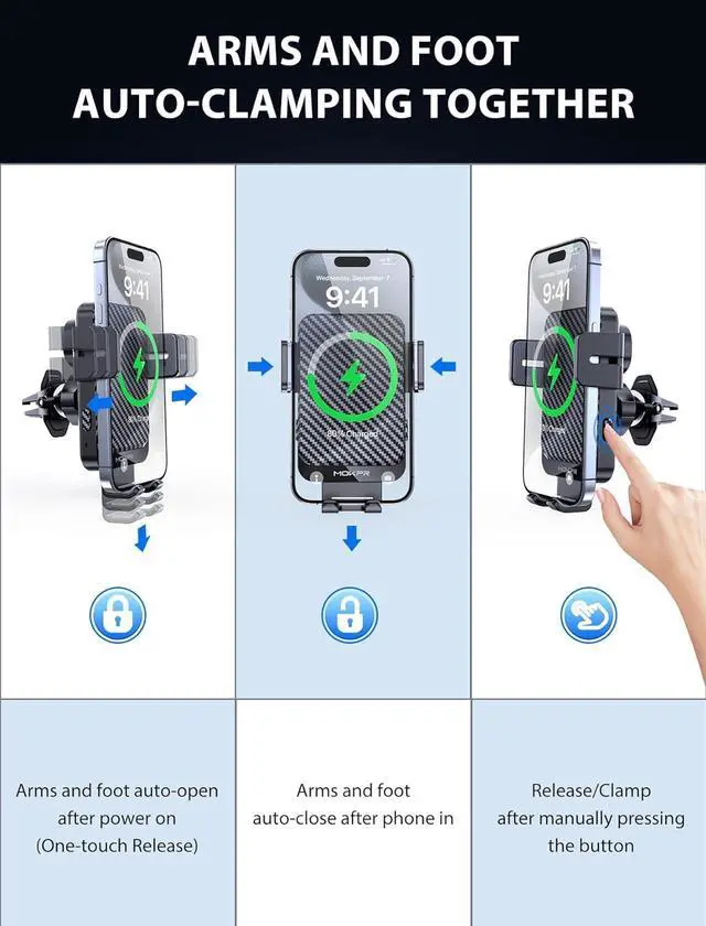 Alt view image 7 of 7 - Wireless Car Charger, MOKPR 15W Fast Charging Auto-Clamping Car Charger Phone Mount Air Vent Cell Phone Holder Compatible iPhone 15/14/13/13 Pro/12 pro/12/11/X/8, Samsung Galaxy S23/S22/S21/S20, etc