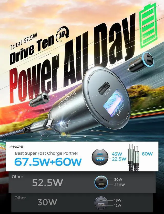Alt view image 5 of 7 - 67.5W Car Charger USB C Fast Charging iPhone 16 15 Pro Max Air PD 45W All Metal Dual Port Cigarette Lighter Adapter for 17 Pro Max iPhone 16 15 Air Pixel 10  Galaxy S25 Android Black