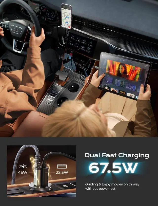 Alt view image 4 of 7 - AINOPE 67.5W Car Charger USB C Fast Charging, [Invisible Design] All Metal Dual Port QC3.0 Cigarette Lighter Adapter USB Charger, for iPhone 16 Pro Max 15 14 13 12,Samsung Galaxy S25 Android, Black