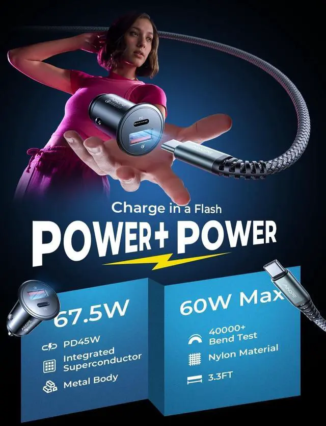 Alt view image 7 of 7 - AINOPE 67.5W Car Charger USB C Fast Charging, [Invisible Design] All Metal Dual Port QC3.0 Cigarette Lighter Adapter USB Charger, for iPhone 16 Pro Max 15 14 13 12,Samsung Galaxy S25 Android, Black