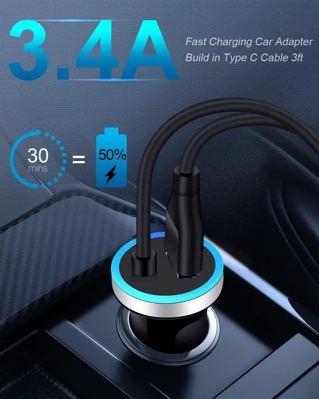 Alt view image 6 of 7 - Cell Phone Car Charger for Samsung Galaxy A16 A25 A15 5G A13 A14 A24 A03s S25 S24 FE S23 S22 Ultra S21 S20 iPhone 15, USB C Cigarette Lighter Adapter Usbc Cord Fast Charging Typec Cargador Cable Auto