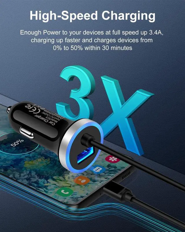 Alt view image 4 of 7 - Cell Phone Car Charger for Samsung Galaxy A16 A25 A15 5G A13 A14 A24 A03s S25 S24 FE S23 S22 Ultra S21 S20 iPhone 15, USB C Cigarette Lighter Adapter Usbc Cord Fast Charging Typec Cargador Cable Auto