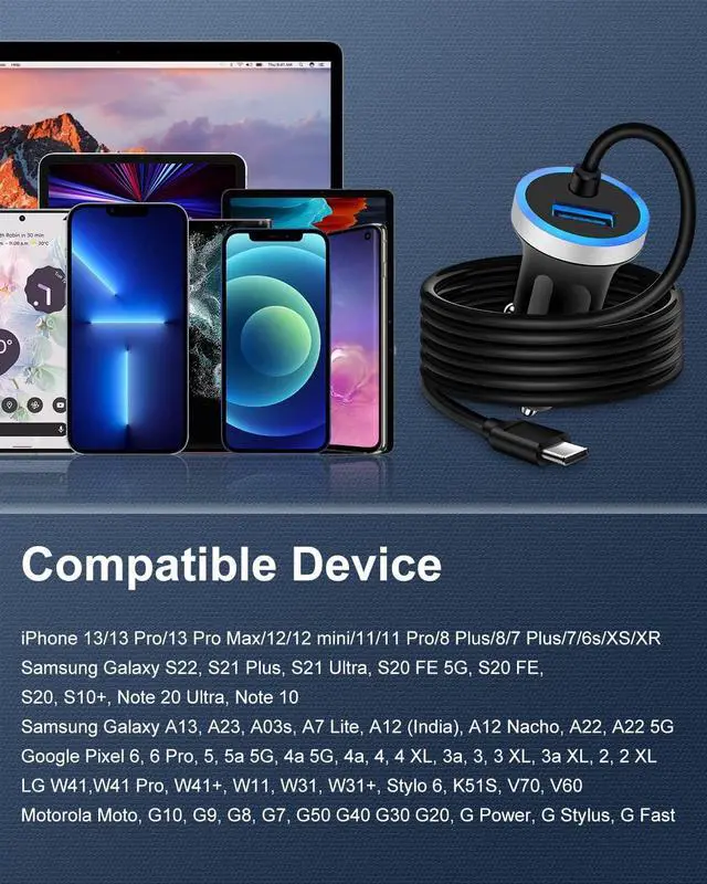 Alt view image 7 of 7 - Cell Phone Car Charger for Samsung Galaxy A16 A25 A15 5G A13 A14 A24 A03s S25 S24 FE S23 S22 Ultra S21 S20 iPhone 15, USB C Cigarette Lighter Adapter Usbc Cord Fast Charging Typec Cargador Cable Auto