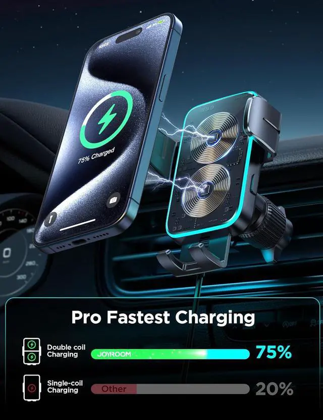Alt view image 2 of 7 - Wireless Car Charger Phone Mount: Dual Coil Joyroom LED Qi 15W Cell Phone Fast Charging Vent Holder with Auto Smart Sensor Clamping for iPhone 14 13 12 11 Pro Max, Samsung Galaxy S22 21 Note 20