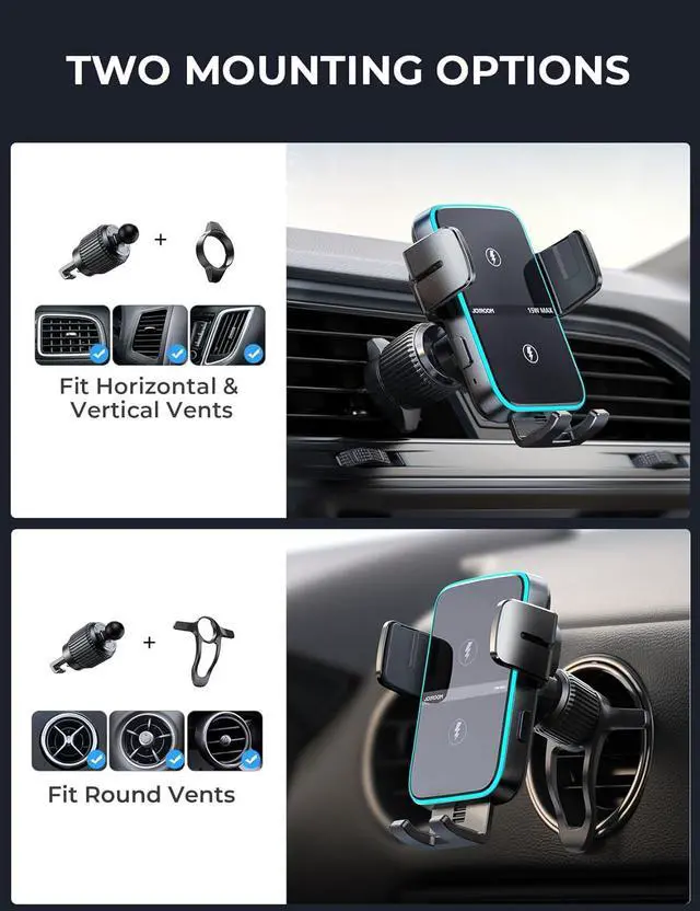 Alt view image 4 of 7 - Wireless Car Charger Phone Mount: Dual Coil Joyroom LED Qi 15W Cell Phone Fast Charging Vent Holder with Auto Smart Sensor Clamping for iPhone 14 13 12 11 Pro Max, Samsung Galaxy S22 21 Note 20