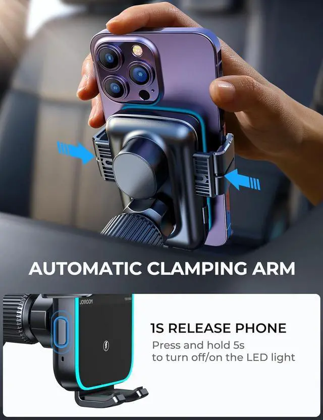 Alt view image 6 of 7 - Wireless Car Charger Phone Mount: Dual Coil Joyroom LED Qi 15W Cell Phone Fast Charging Vent Holder with Auto Smart Sensor Clamping for iPhone 14 13 12 11 Pro Max, Samsung Galaxy S22 21 Note 20