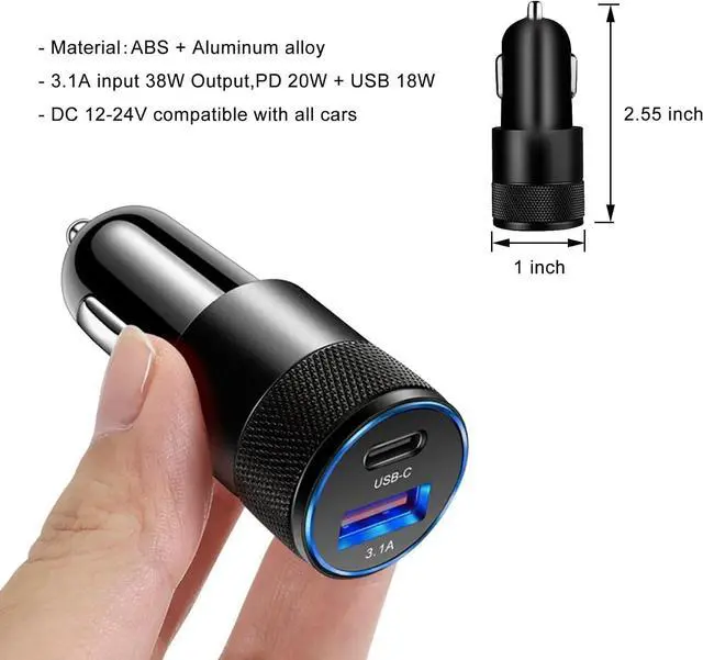 Alt view image 2 of 7 - Car Charger 38W USB Type C PD Android Cellphone Charging QC 3.0 Automobile Adapter Fast Charging All Vehicle Cigarette Lighter Outlet Port Plug