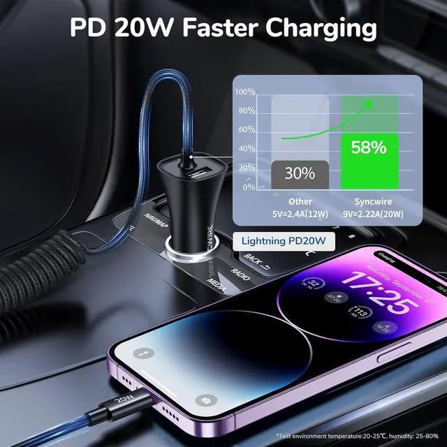 Alt view image 2 of 7 - [ MFi Certified] Syncwire iPhone Car Charger 32W Super Fast Car Phone Charger Cigarette Lighter USB Car Adapter with Build-in 5FT Coiled Lightning Cable for  iPhone 14/13/12/11/XR/Max iPad