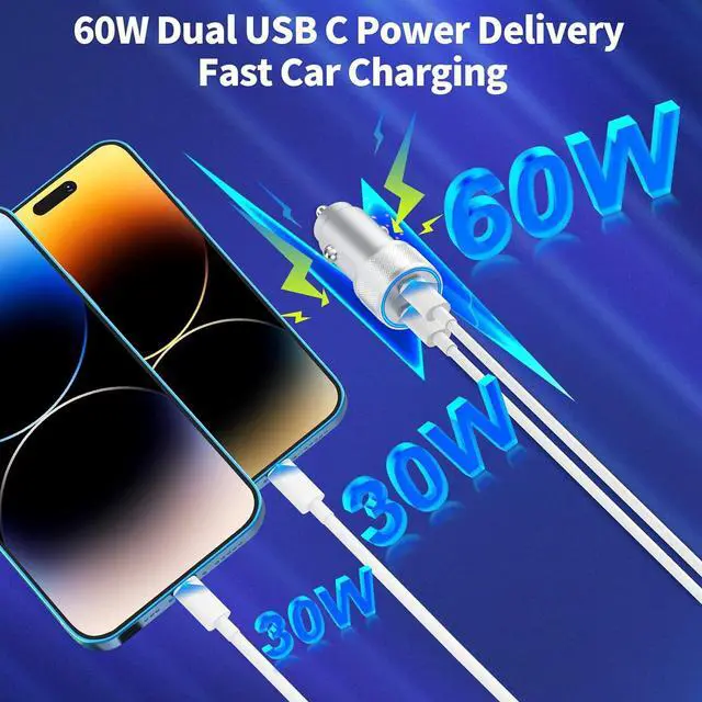 Alt view image 4 of 7 - [ MFi Certified] iPhone Car Charger 60W Dual PD USB-C Poewr Cigarette Lighter USB-C Car Carplay Fast Charger + 2Pack Type-C to Lightning Cable for iPhone 14 13 12 11 Pro XS XR X SE iPad