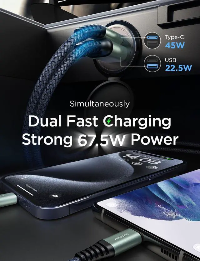 Alt view image 4 of 7 - AINOPE USB C Car Charger for iPhone 15, 67.5 W Car Charger Adapter All Metal Mini Cigarette Lighter USB Charger Fast Charging Dual Port Car Phone Charger for iPhone 15 Pro Max Plus 14 13 Samsung 23