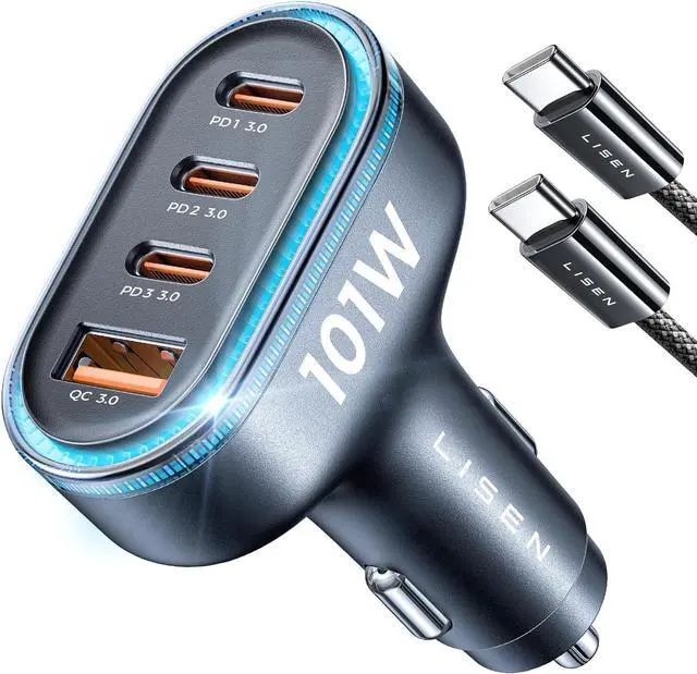 Main image of LISEN 101W USB C Car Charger 4 Port Super Fast Charging Car Charger Adapter PD3.0 & QC3.0 Cigarette Lighter Car USB Charger Multi Port with Cable,Compatible with iPhone 15 Pro Max 14 Samsung S24 iPad