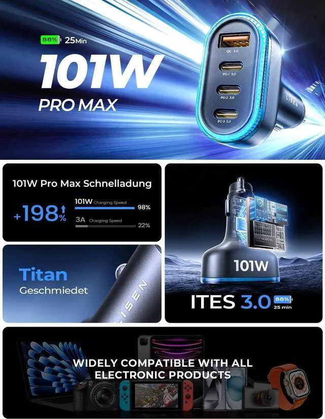 Alt view image 2 of 7 - LISEN 101W USB C Car Charger 4 Port Super Fast Charging Car Charger Adapter PD3.0 & QC3.0 Cigarette Lighter Car USB Charger Multi Port with Cable,Compatible with iPhone 15 Pro Max 14 Samsung S24 iPad