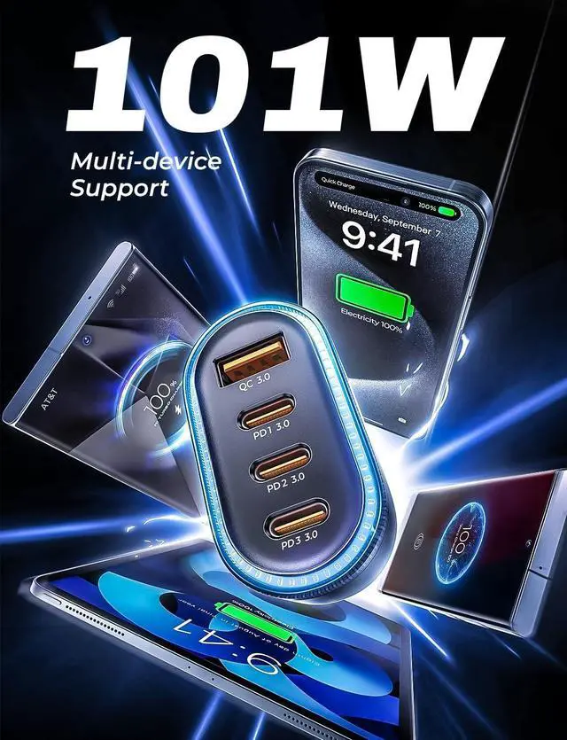 Alt view image 4 of 7 - LISEN 101W USB C Car Charger 4 Port Super Fast Charging Car Charger Adapter PD3.0 & QC3.0 Cigarette Lighter Car USB Charger Multi Port with Cable,Compatible with iPhone 15 Pro Max 14 Samsung S24 iPad