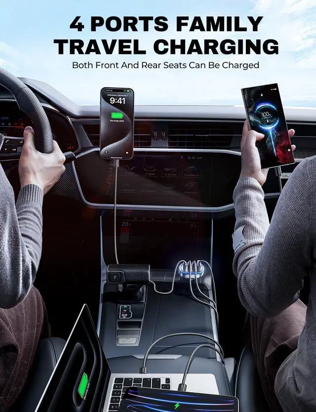 Alt view image 6 of 7 - LISEN 101W USB C Car Charger 4 Port Super Fast Charging Car Charger Adapter PD3.0 & QC3.0 Cigarette Lighter Car USB Charger Multi Port with Cable,Compatible with iPhone 15 Pro Max 14 Samsung S24 iPad